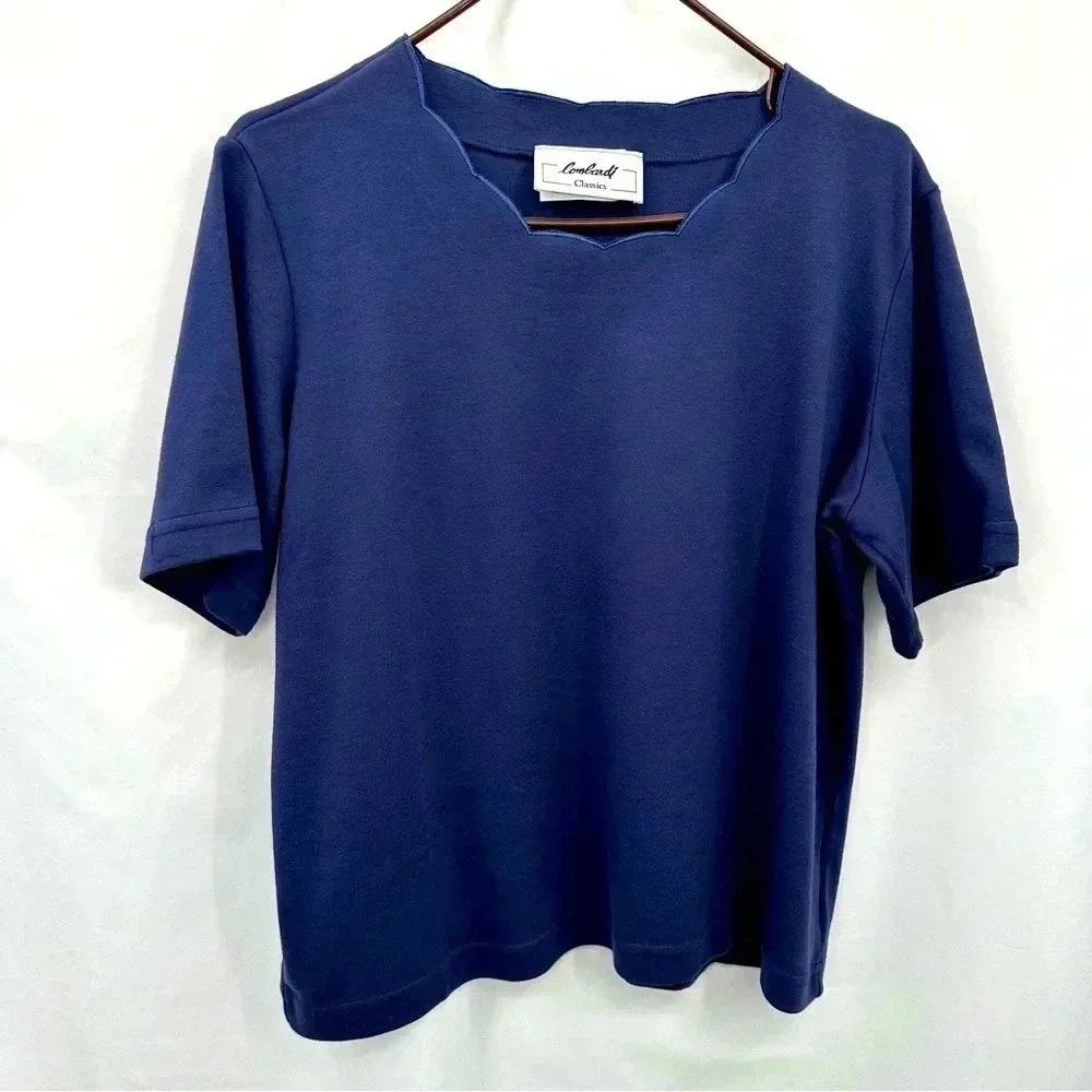 Lombardi Classics Top Women Large Navy Blue Scalloped Neck Short Sleeve Blouse